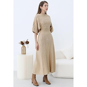 CHICWISH Women Cable Knit Sweater Dress Boat Neck High